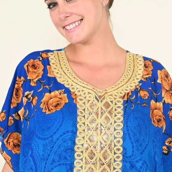 Blue Rose Pattern Kaftan With Neckline Embroidery - One Size Fits Most - Picture 4 of 5